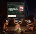A dark mobile game screen titled 'Story overhead' shows raccoon characters around a campfire with the text 'Quit animals? But imagine that a fox is dead.'