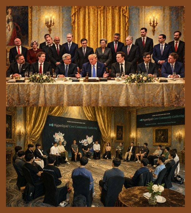 AI-generated composite image showing two scenes: the top depicts tech industry leaders (resembling figures like Jensen Huang and Elon Musk) seated at a formal dinner table, while the bottom shows a 'Hyperliquid Core Community Gathering' event on September 25, 2025, with a HYPE mascot present.