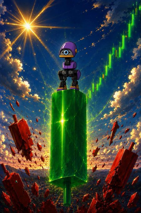 A small robotic figure with a single large eye and purple helmet stands triumphantly atop a glowing green candlestick pillar, symbolizing bullish market momentum, while surrounding red falling candles and shattered debris represent rejected bearish dips. A radiant sun bursts through a dramatic cloudy sky in the background, and a green ascending candlestick chart rises on the right, visually reinforcing the post's claim of an impending bull run and Microduck's emergence as the meme-driven "Shiba Inu of this cycle" poised for mainstream adoption.