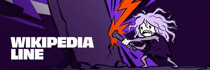 Cartoon graphic titled 'WIKIPEDIA LINE' showing a purple character breaking through a wall with a lightning bolt.