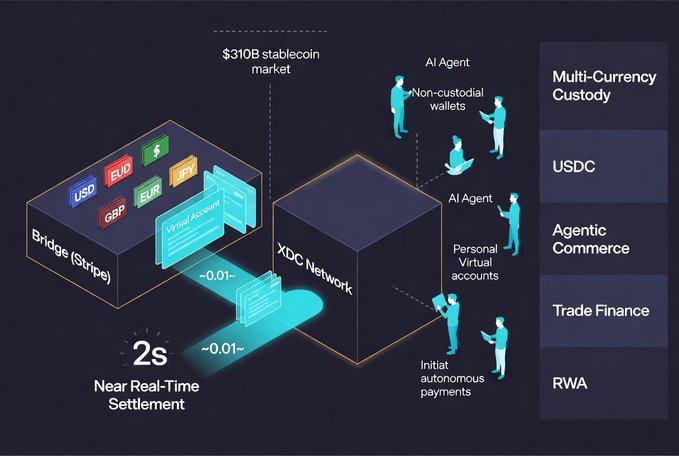 An infographic illustrating the XDC Network, showing fiat bridges (USD, EUD, GBP, EUR) connecting to a $310B stablecoin market, with features including Multi-Currency Custody, USDC, Agentic Commerce, Trade Finance, and RWA, highlighting 2-second near real-time settlement.