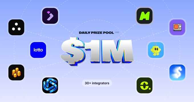 A promotional graphic advertising a $1M USD daily prize pool from 30+ integrators, featuring various lottery and crypto app icons on a purple background.