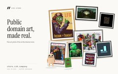 An advertisement for 'public domain art, made real' displays a collection of framed classic artworks against a beige background.