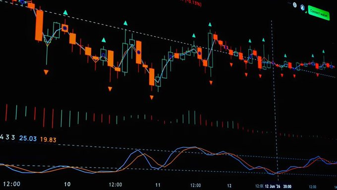 A candlestick stock/crypto trading chart with technical indicators, arrows, and volume bars spanning from June 11-14.