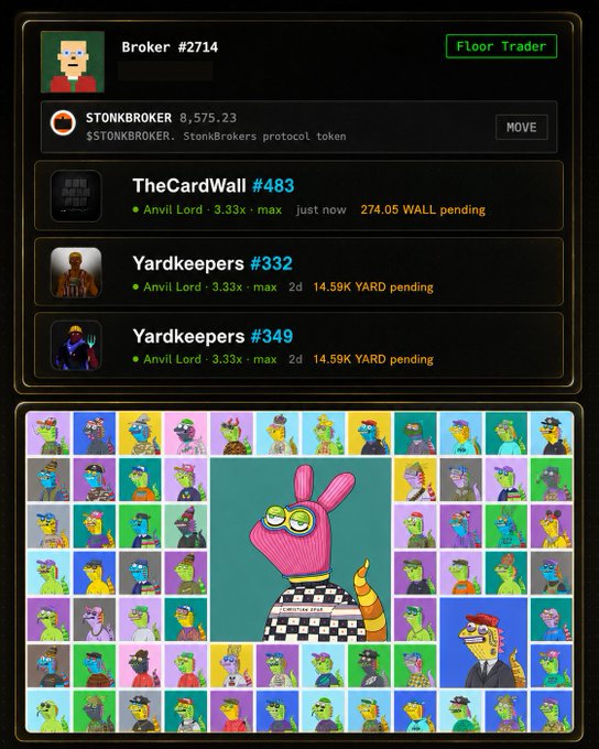 A digital dashboard showing 'Broker #2714' holding '$TONKBROKER', with pending orders listed for 'TheCardWall #483' and 'Yardkeepers #332', above a gallery grid of colorful cartoon character illustrations.