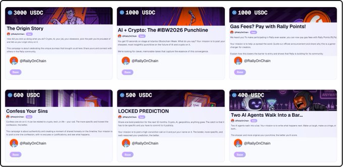 The image shows a list of six posts about different campaigns, with each post having its own unique title and description. The posts are arranged in a grid format against a gray background. One of the posts highlights that Rally has been evolving by focusing on missions, which is not something commonly seen from other platforms. This information can be helpful for users who want to understand how Rally's campaigns have evolved over time or those interested in participating in such campaigns.