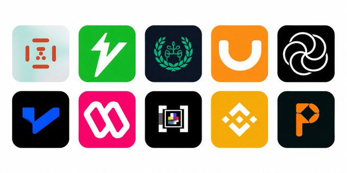A grid displaying ten various app or company logos in colorful square icons against a white background.
