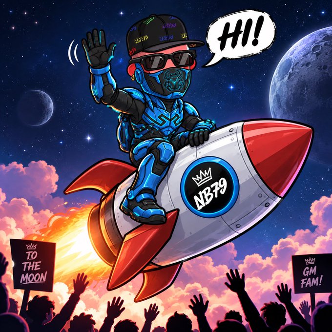 A cartoon character in futuristic blue armor rides a rocket into space, waving and saying "Hi!" while the crowd below cheers with "TO THE MOON" and "GM FAM!" signs, matching the post's energetic greeting to the community.