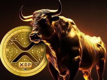 A golden bull stands beside a gold XRP cryptocurrency coin against a dark background.