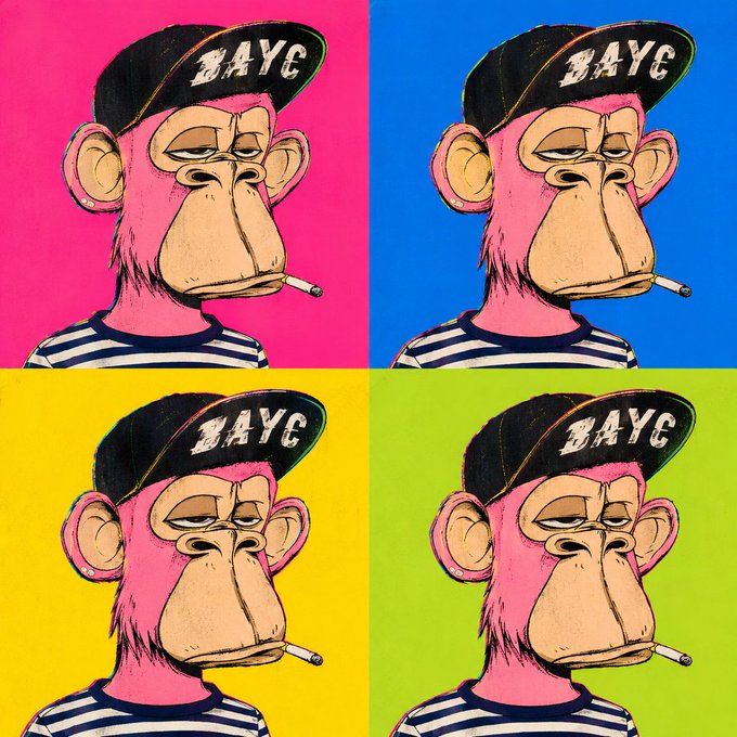 A four-panel Warhol-style pop art image of a Bored Ape Yacht Club (BAYC) NFT character wearing a 'BAYC' cap and smoking a cigarette, shown against pink, blue, yellow, and green backgrounds.
