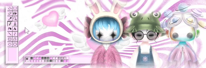 A pink and white zebra-striped digital art interface shows three cute cartoon characters wearing bunny, frog, and unicorn-themed hats, with a drawing toolbar and color palette visible on the left side.