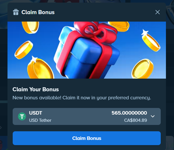 A "Claim Bonus" popup from Stake displaying a 565.00000000 USDT (CA$804.89) reward available for the user, featuring a gift box graphic with coins and a blue "Claim Bonus" button—likely a VIP loyalty bonus acknowledged in the post "Thanks for the Top VIP @Stake."
