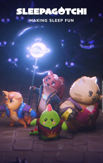 The image features four cartoon animals, including two dogs and one cat, standing together with their arms around each other. They are positioned against a dark background, which emphasizes the vibrant colors of their fur and the overall composition of the scene. The text in the image reads "SLEEPAGOTCHI Making Sleep Fun", suggesting that these characters might be part of an animated series or game related to sleep and relaxation.

The animals appear to be engaged in a friendly interaction, possibly discussing their plans for the day or sharing stories about their adventures. This scene captures the essence of the post by highlighting the importance of bonding with loved ones and enjoying simple pleasures in life.