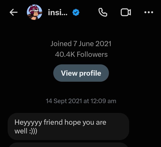 A screenshot of a Twitter/X direct conversation with a user named "insi..." (showing a verified blue check and a chimpanzee avatar), displaying 40.4K followers and a message from 14 Sept 2021 reading "Heyyyyy friend hope you are well :)))", illustrating the long-term supportive engagement referenced in the caption about Insight Chimpi being a reliable community member over 5+ years.