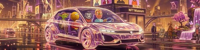 A stylized illustration shows Muppet characters (Kermit, Miss Piggy, and others) riding in a glowing pink car through a futuristic city with 'NFT Museum' signage.