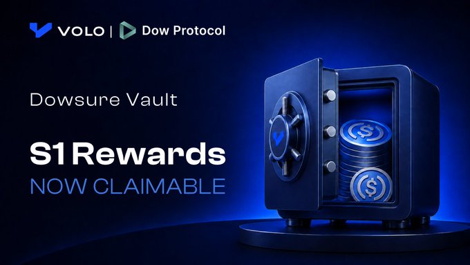 Promotional banner featuring a blue safe with gold dollar coins alongside VOLO and Dow Protocol branding, announcing that S1 Rewards for the Dowsure Vault are "NOW CLAIMABLE."