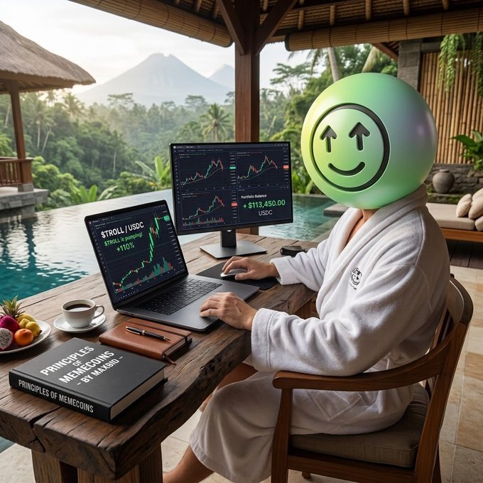 An AI-generated image shows a figure with a green smiley face balloon head wearing a white robe, trading cryptocurrency on a laptop displaying 'STROLL/USDC' charts at a tropical resort.