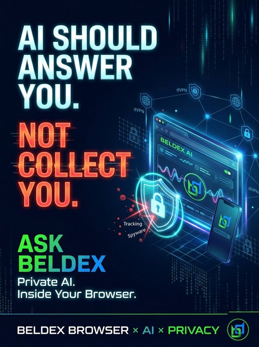 An advertisement for "BELDEX" stating "AI SHOULD ANSWER YOU. NOT COLLECT YOU. ASK BELDEX Private AI. Inside Your Browser." with imagery of a browser interface, security shield, and mobile phone.
