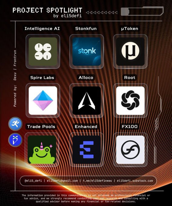 A promotional graphic titled "PROJECT SPOTLIGHT by eli5defi" featuring logos for Intelligence AI, Stonkfun, µToken, Spire Labs, Alloco, Root, Trade Pools, Enhanced, and FX100.