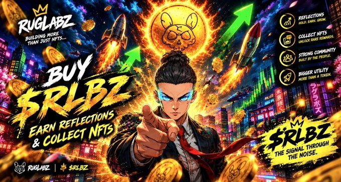 A vibrant promotional graphic for the "$RLBZ" token features an anime-style character with blue markings pointing toward viewers, set against a fiery, neon-lit cityscape with rockets and golden coins. Text highlights "BUY $RLBZ," "Earn Reflections & Collect NFTs," and notes features like "Reflections Hold Each Other," "Collect NFTs Unlock Rare Rewards," and "Strong Community Built By The People," aligning with the post's message that "Always a good time to buy more $RLBZ."