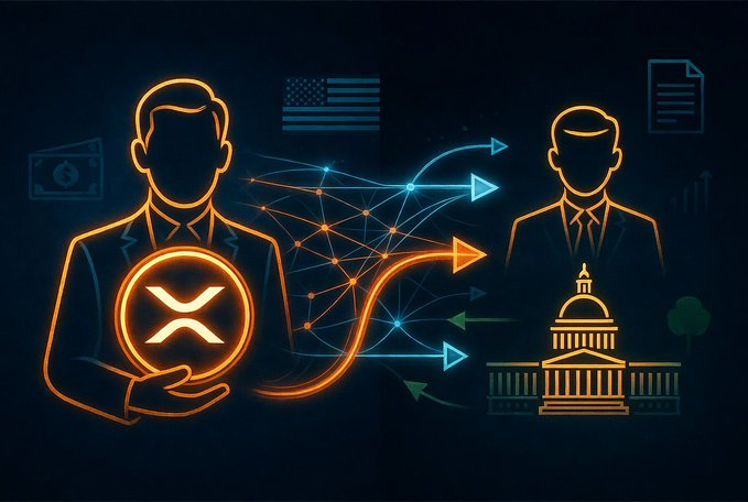 Neon-style illustration showing a figure holding an XRP coin connected by arrows to another figure, a US flag, and a government building, suggesting XRP's regulatory journey.