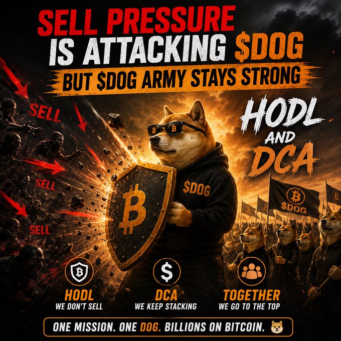 The image features a dog wearing sunglasses, holding a shield with a Bitcoin symbol on it, surrounded by other dogs dressed up as characters from the popular video game series, "Hogwarts." The text above the image reads "Sell Pressure is Attacking $DOG", and below the image there are three lines of text: "but $DOG army stays strong", "but $DOG army stays strong", and "we don't sell".