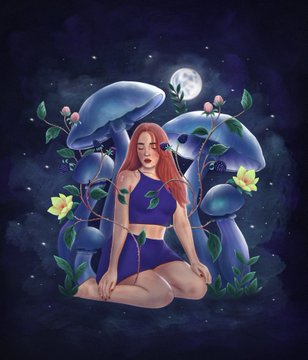 The image features an illustration of a woman sitting cross-legged with her legs crossed, surrounded by blue mushrooms and flowers. The background is dark blue, creating a sense of mystery or intrigue. The caption reads "Becoming" which could be related to the auction posted on the website. The auction starts at 0.05 ETH and has an initial bid of 0.1 ETH.