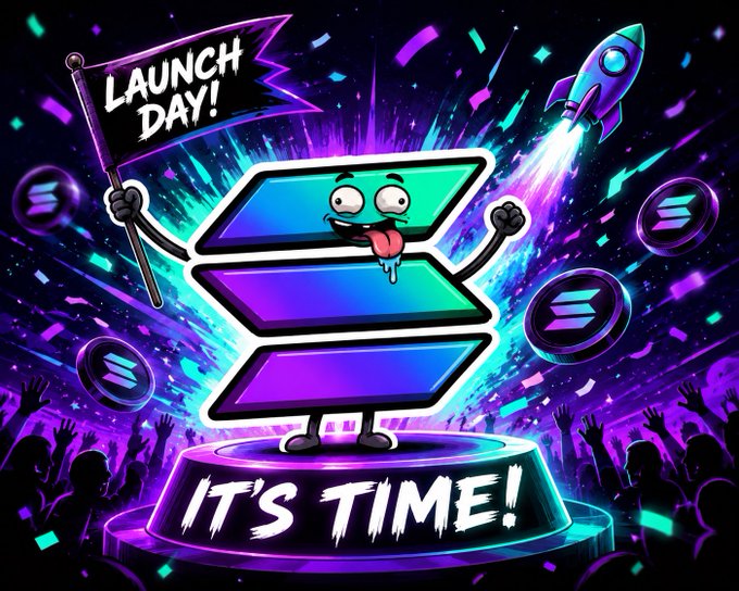 A cartoon Solana mascot (with its tongue out) stands on a glowing stage holding a "LAUNCH DAY!" flag, with "IT'S TIME!" displayed below and a rocket blasting off behind it amid purple energy bursts. The image celebrates the launch of the token at contract 9pXPrnoFqTEg3AnLGFDMs6jj61esyKaR2sDHxtLgpump, matching the playful "grilled cheese" promise to a friend.