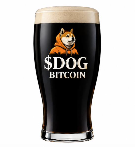 A tall glass of dark stout beer with a creamy head, branded with a Shiba Inu dog wearing an orange hoodie and the text '$DOG BITCOIN.'