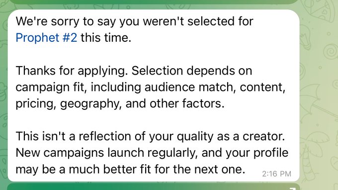 A rejection message for "Prophet #2" is shown, complementing the post's tone of disappointment after multiple rejections. The message states, "We're sorry to say you weren't selected for Prophet #2 this time," and reassures the applicant that selection depends on various factors.