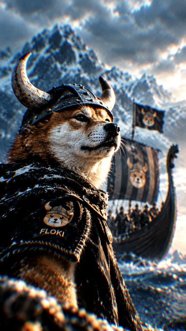 A digital illustration of a Shiba Inu dog dressed as a Viking warrior with horned helmet and fur cloak, with a Viking ship and a flag bearing the Floki logo in the background, and "FLOKI" text on its chest armor.