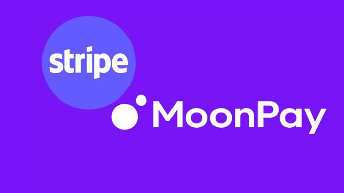 The image features the Stripe and MoonPay logos side by side on a purple background, visually representing the comparison between these crypto on-ramp services discussed in the post. The accompanying text highlights that while MoonPay charges higher fees (~7% including spread) compared to alternatives like Transak and Stripe, it offers strong brand coverage and a smooth user experience.