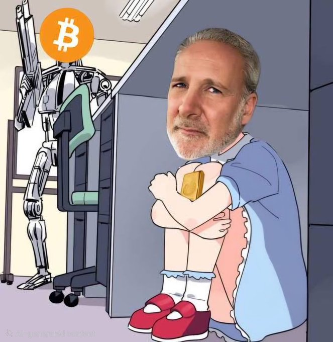 A meme shows Peter Schiff hiding under an office desk, clutching a gold bar, while a Bitcoin-labeled Terminator robot approaches menacingly behind him, referencing his long-standing but unsuccessful calls to sell Bitcoin in favor of gold.