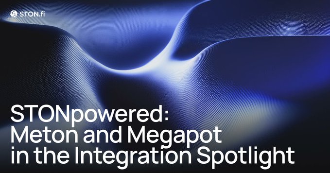 A promotional banner for STON.fi features a dark blue abstract background with flowing wave patterns and the STON.fi logo in the top-left corner, with bold white text reading "STONpowered: Meton and Megapot in the Integration Spotlight" to highlight two new platform integrations.