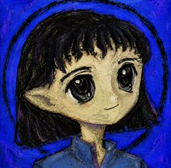 An anime-style illustration of a girl with short dark hair, large expressive eyes, and pointed ears, depicted against a blue background with a halo-like circle.