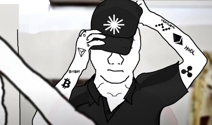 An illustrated portrait of a man wearing a black cap with a starburst logo, his face obscured, displaying various cryptocurrency and blockchain-related tattoos including Bitcoin, Ethereum, XRP, and Ripple.