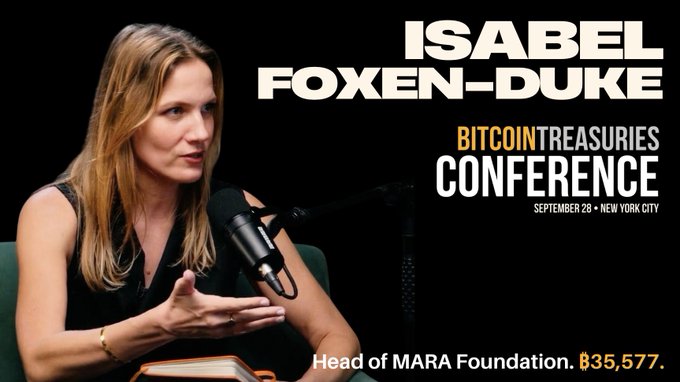 A promotional image for the Bitcoin Treasuries Conference featuring Isabel Foxen-Duke, Head of MARA Foundation, with bitcoin priced at $35,577, scheduled for September 28 in New York City.