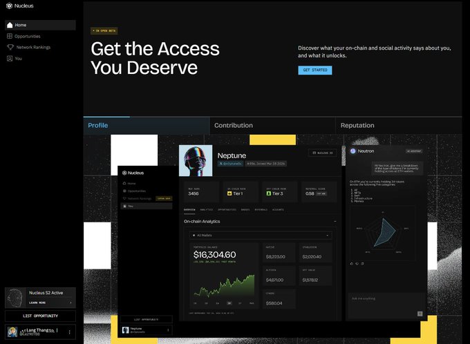 A dashboard screenshot for 'Nucleus' with the headline 'Get the Access You Deserve,' showing profile analytics for 'Neptune' including on-chain analytics with $16,304.60 in portfolio value, contribution tiers (Tier 1, Tier 3), and a radar chart for reputation.