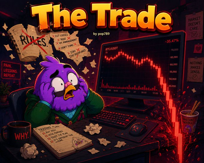 An illustrated thumbnail titled 'The Trade by pop789' showing a distressed purple chicken character staring at a red crashing BTC/USD chart (-35.47%) on a desk covered in trading notes.