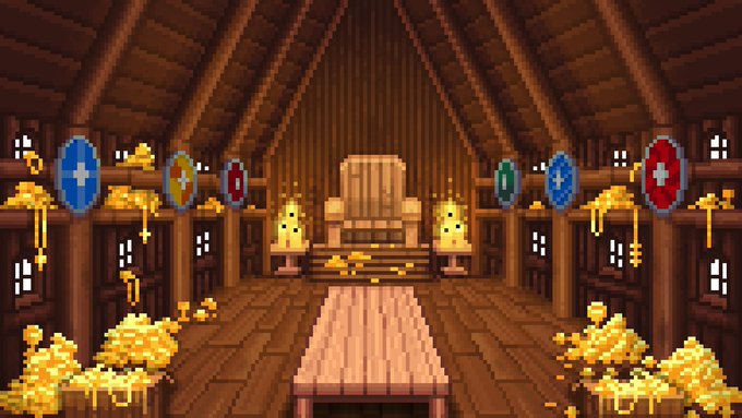 Pixel art of a wooden throne room interior featuring a central throne, scattered gold coins, decorative shields on the walls, and a long table in the foreground.