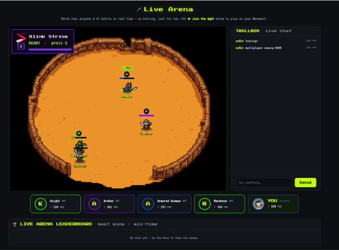 A pixel-art style game screen titled 'Live Arena' shows a circular battle arena with warriors fighting, displaying player scores (Knight 887, Archer 887, Armored Axeman 887, Marauder 887, YOU Nemesis 135) and a chat panel on the right.
