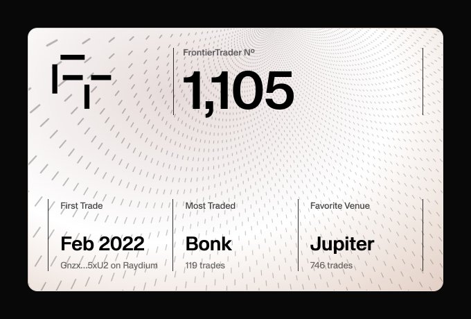 Frontier Trader card labeled 'FrontierTrader N° 1,105' showing 'First Trade Feb 2022', 'Most Traded Bonk' with '119 trades', and 'Favorite Venue Jupiter' with '746 trades'.
