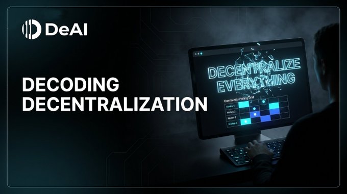 The image features a dark, tech-themed promotional graphic with the "DeAI" logo in the top left corner and the bold white text "DECODING DECENTRALIZATION" on the left side. On the right, a person is shown from behind working at a computer monitor that displays "DECENTRALIZE EVERYTHING" in glowing neon text above a "Community Polling Table" showing voter statistics, visually reinforcing the post's message about engaging the community to understand and build decentralized AI compute networks.