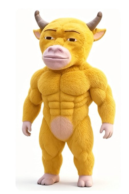 A 3D rendered illustration of a muscular, anthropomorphic yellow bull or cow character with horns, standing against a white background.
