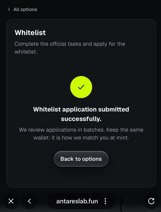 A mobile screenshot from antareslab.fun showing a confirmation message that reads 'Whitelist application submitted successfully' with a green checkmark and a 'Back to options' button.