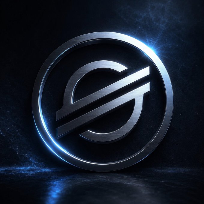 A metallic 3D rendering of the Stellar (XLM) cryptocurrency logo, featuring a stylized 'S' design on a circular disc with blue lighting effects against a dark background.