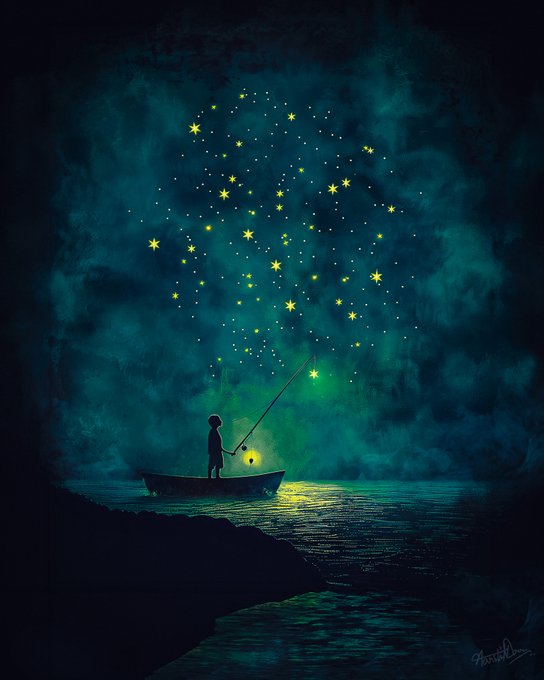 A digital illustration showing a child in a small boat on dark water, holding a rod that catches glowing stars against a teal and green night sky.