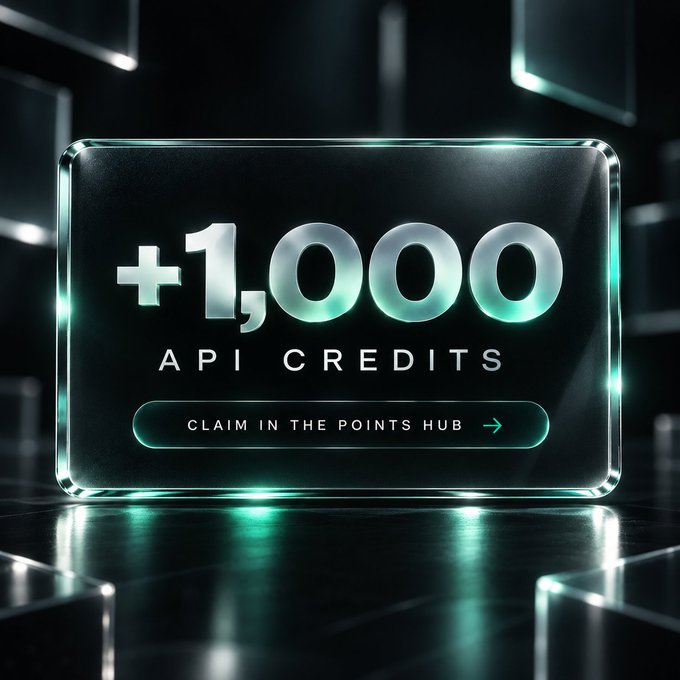 A glowing glass card displays "+1,000 API CREDITS" with a "CLAIM IN THE POINTS HUB" button, visually promoting the free credits offer for developers building on Meridian highlighted in the accompanying post.