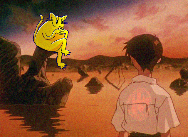 An anime scene of a boy in a white shirt looking out over water at sunset, with an edited yellow cat (Cowboy Bebop's Ein) sitting on a rock beside him.