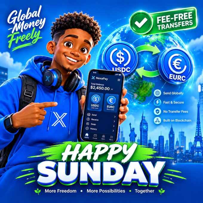 A vibrant promotional graphic for NexaPay cryptocurrency featuring a smiling young man with headphones holding a phone displaying a balance of $2,450.00, with text reading 'Global Money Freely,' 'FEE-FREE TRANSFERS,' and 'HAPPY SUNDAY: More Freedom, More Possibilities, Together.'
